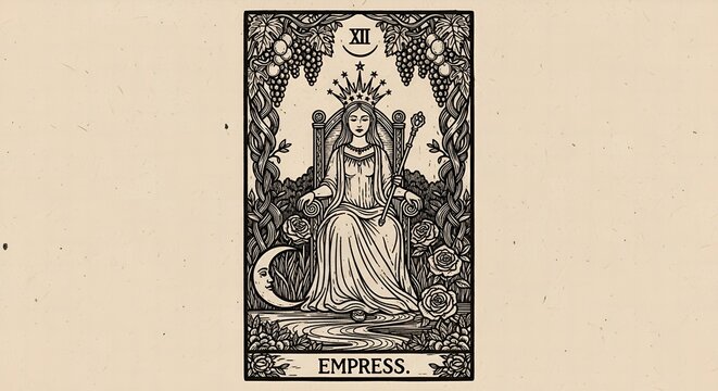 The empress tarot card with crown and scepter in a garden setting with moon and flowers