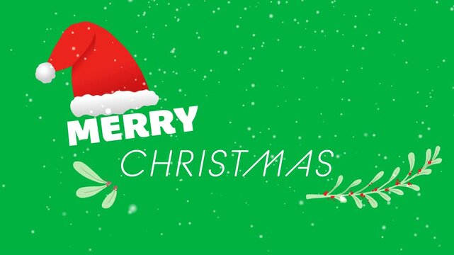 Animation of merry christmas text and santa hat on black background