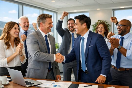 Cheerful Multiethnic Business People Celebrating Success with Handshake in Modern Office