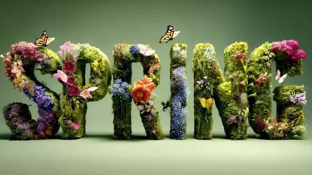 Spring season, garden park, flower, fresh, life. A vibrant and detailed depiction of the word SPRING spelled out in mosscovered letters, surrounded by a collection of flowers and butterflies.
