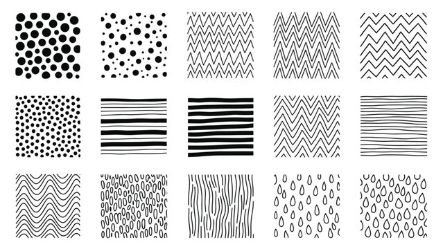 Extensive collection of fifteen diverse hand drawn black and white seamless patterns featuring dots lines and artistic textures.