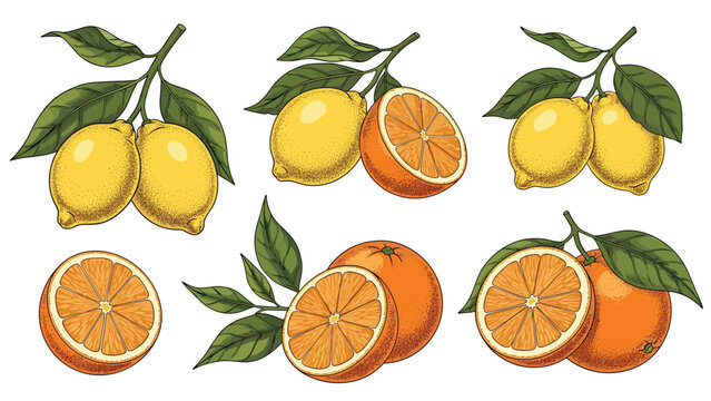 Detailed hand drawn illustration of fresh lemons and oranges on leafy branches alongside juicy sliced fruit halves.