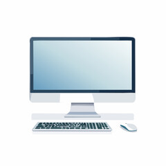 Fototapeta premium Sleek flat design desktop computer illustration with a blank screen, keyboard, and mouse on a clean white background
