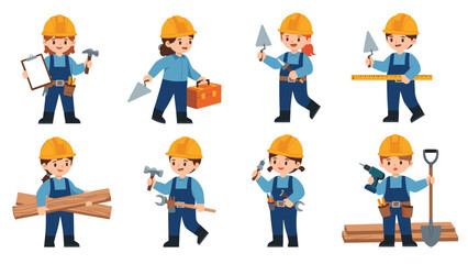 Fototapeta premium Adorable set of cute cartoon construction workers for children featuring kids in hard hats holding various building tools.