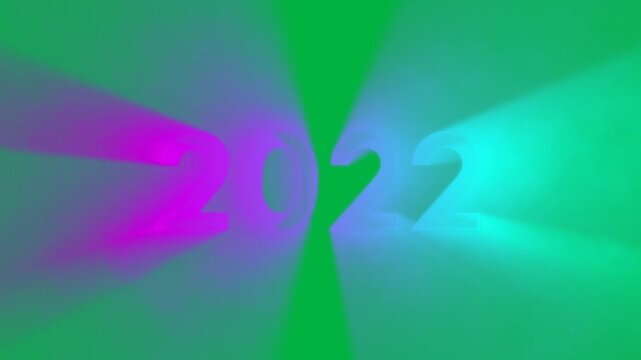Animation of 2022 text in pink and green neon letters on white background