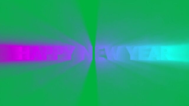 Animation of happy new year text in pink and blue neon letters on white background