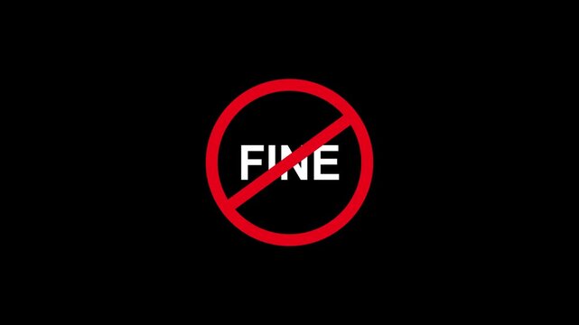 No fine sign animation, prohibited penalty concept, red circle warning symbol on black background forbidden