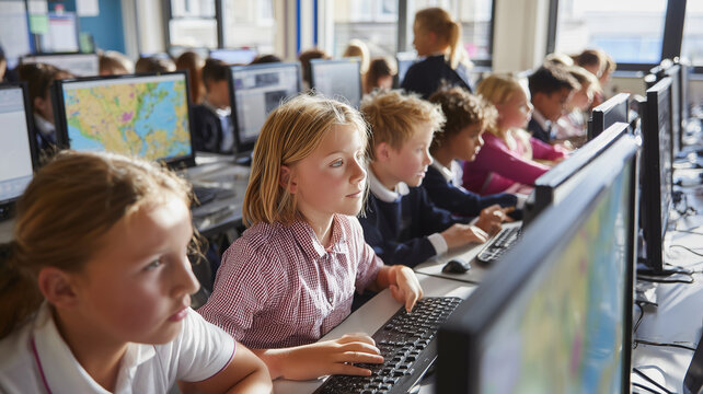 A group of schoolchildren use desktop computers in a modern classroom.