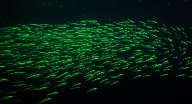 Large school of small fish swimming together in dark deep ocean water captured with natural soft lighting cinematic style motion and harmony