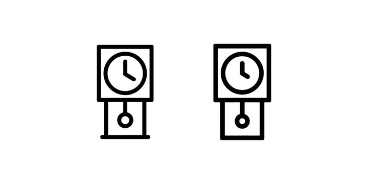Retro pendulum clock icon set in flat linear style representing antique wall timepiece with swinging weight for home decor time measurement and nostalgia