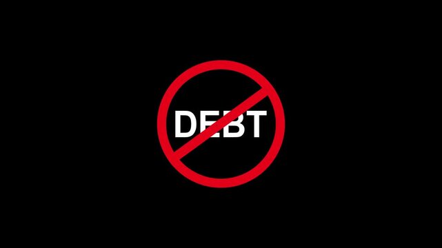 No debt symbol animation: financial freedom and debt-free concept on black background, money finance