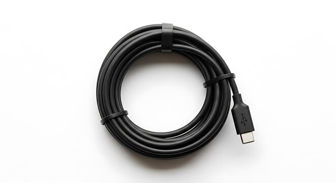 Black USB cable coiled neatly alone.