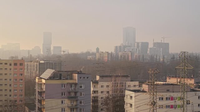 Aerial view of Katowice city skyline with a bird in hazy winter, Poland