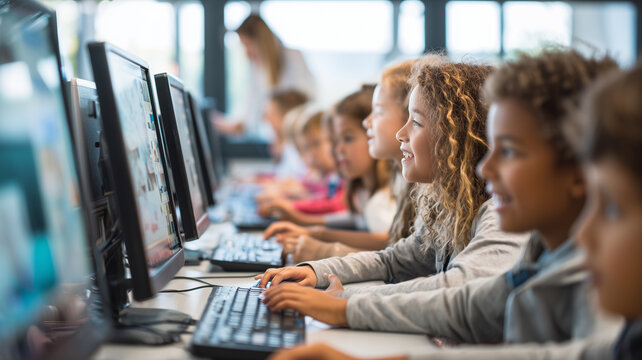A group of schoolchildren use desktop computers in a modern classroom.