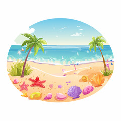 Obraz premium Seaside Paradise Tropical Beach with Palm Trees, Starfish, and Seashells Under a Sunny Sky