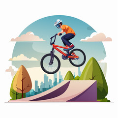 Naklejka premium BMX rider airborne above a ramp against a city skyline, embodying extreme urban sport and youthful energy