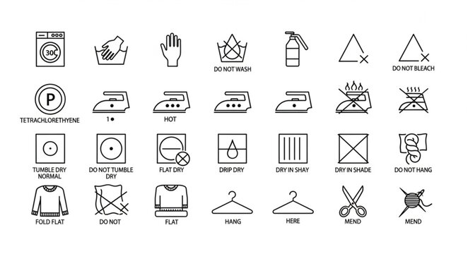 Collection of laundry care symbols and washing instructions icons.