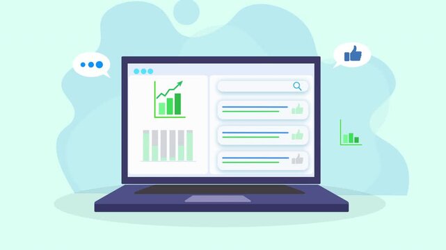 Animated video of a laptop displaying growth analytics dashboard with data charts, reports, checklist, and feedback icons. Represents business performance tracking, insights, and digital reporting sys