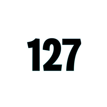 Number 127 black bold with blue outline isolated on white background