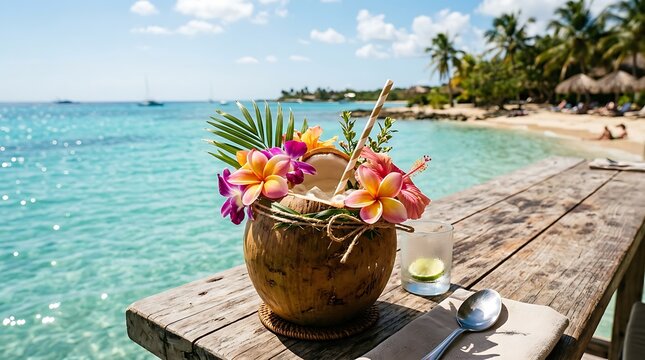 Pemandangan makan di tepi pantai tropis dengan minuman kelapa dan dekorasi bunga di atas meja kayu pedesaan yang menghadap ke air biru kehijauan dan pohon kelapa