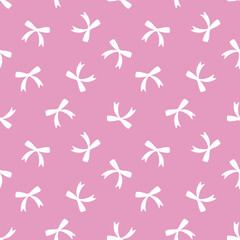 Fototapeta premium Coquette white bows seamless pattern, pink background. Charming tied ribbons silhouettes. Perfect for fashion textiles, Valentine's Day designs, birthday gifts, or trendy prints.