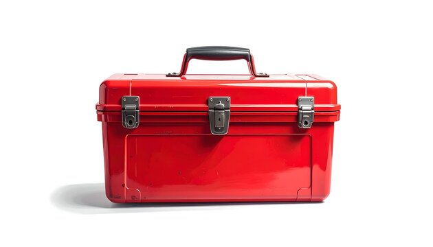 A red, rectangular toolbox with a black handle sits on a white surface, showcasing its side profile