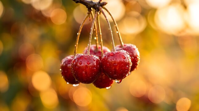 Close-up ceri merah matang yang tergantung di dahan dengan tetesan air dalam cahaya keemasan yang hangat, melambangkan buah segar dan makan sehat