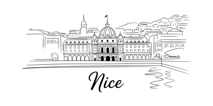 Black and white hand drawn sketch of the beautiful city of nice in france with landmark buildings