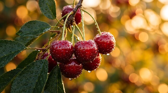 Close-up ceri matang yang tergantung di dahan pohon dengan tetesan air pada buah dan daun dalam sinar matahari yang hangat