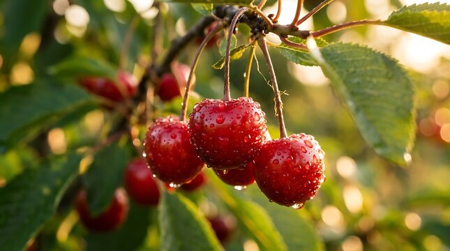 Ceri matang segar tergantung di dahan dengan tetesan embun di bawah sinar matahari alami, buah yang cerah untuk makan sehat dan kesegaran musim panas