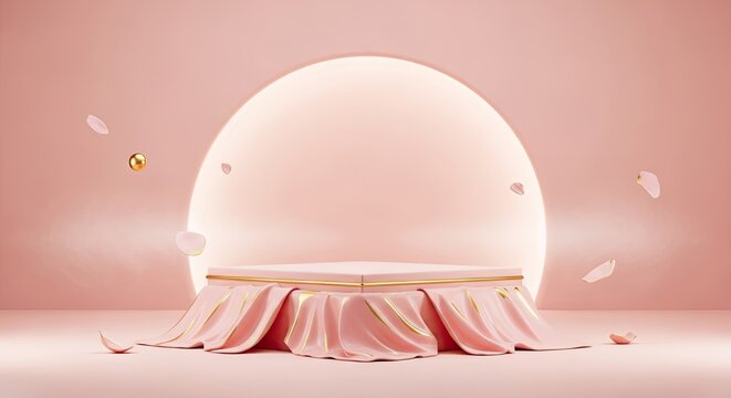 A pink podium with a golden rim and a pink cloth on a pink background with floating petals.