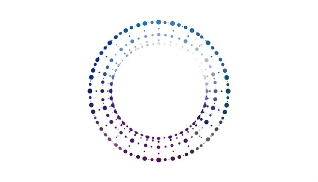 A ring-shaped design formed by an array of graduated-sized dots, transitioning in color