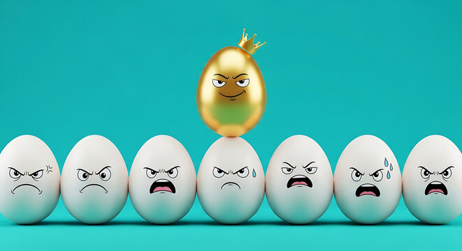 The Golden Egg Stands Out Among Angry White Eggs with a Crown on a Teal Background