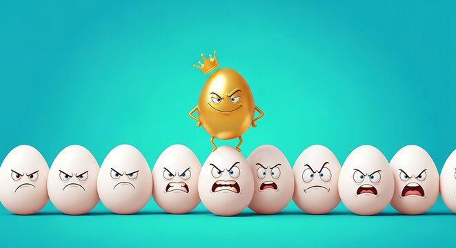 Unique golden egg proudly wearing a crown, representing success and leadership among angry rivals