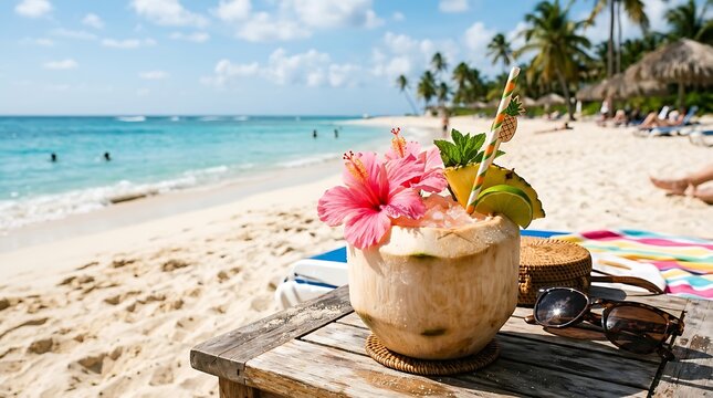 Koktail tropis menyegarkan disajikan dalam kelapa di pantai yang cerah dengan pohon kelapa dan kursi santai di latar belakang
