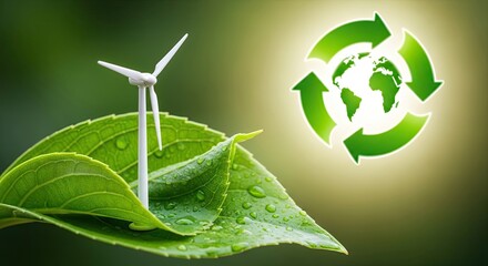 Obraz premium A wind turbine on a green leaf with a recycling symbol in the background.