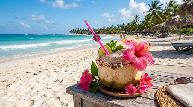 Minuman kelapa tropis dengan bunga kembang sepatu di atas meja tepi pantai pada hari yang cerah, adegan liburan musim panas yang santai