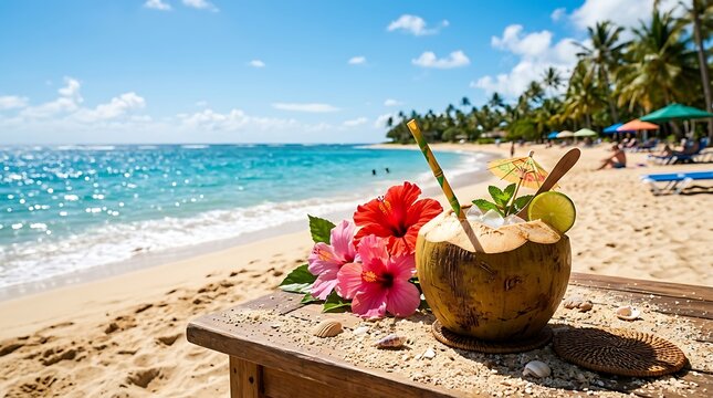 Minuman kelapa menyegarkan dengan bunga tropis dan jeruk nipis di pantai yang cerah dengan pohon kelapa dan payung