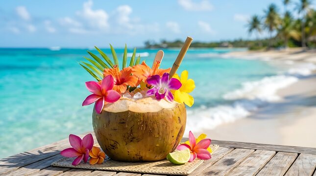 Minuman kelapa tropis yang dihias dengan bunga berwarna-warni dan irisan jeruk nipis di atas meja kayu di tepi pantai