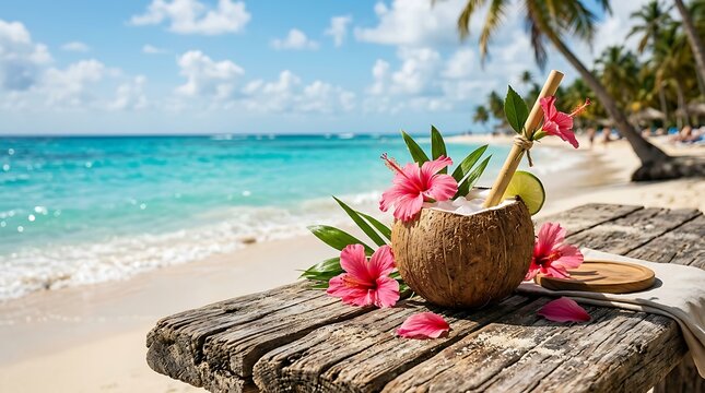 Minuman Kelapa Tropis dengan Kembang Sepatu dan Jeruk Nipis di atas Meja Kayu Pedesaan di Tepi Laut