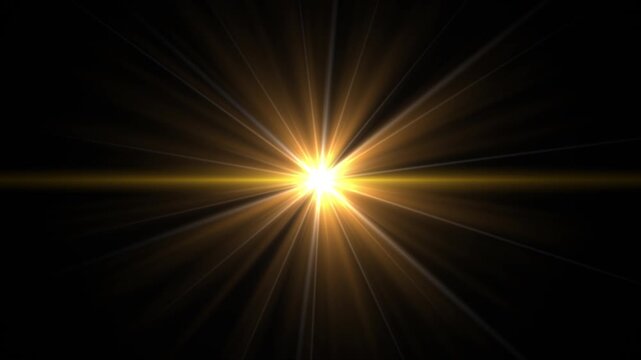 golden optical lens flare starburst background with warm light rays on black