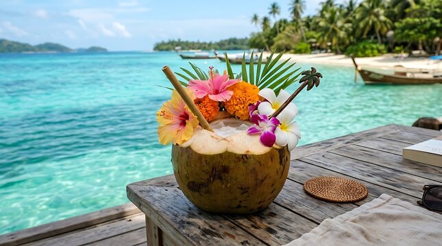 Minuman kelapa tropis dengan bunga dan sedotan di dermaga kayu di tepi air laut yang jernih dan pemandangan pulau yang subur. Summer holiday