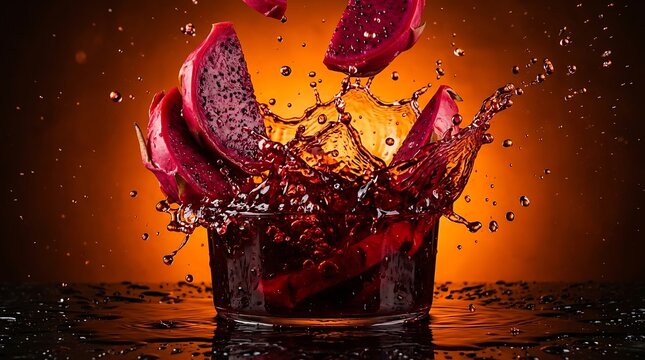 Memercikkan potongan buah naga ke dalam air menciptakan adegan jus yang cerah untuk iklan minuman sehat