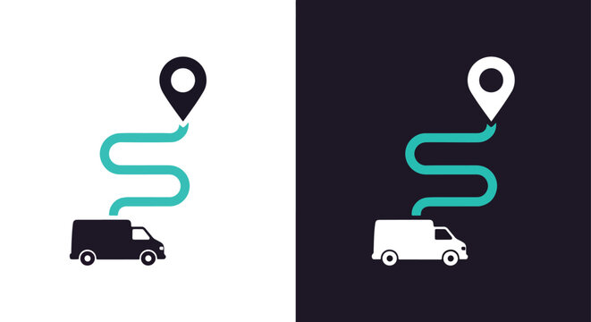 Delivery truck with map location pin - Blue icon set - Modern style icon  - Glyph and solid icon set - Icon vector
