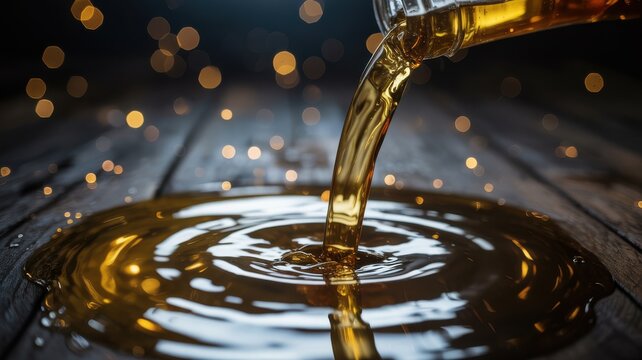 Golden liquid pouring from a bottle onto a dark wooden table with bokeh lights.
