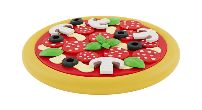 3D Render of a Toy Pizza with Salami, Olives, Mushrooms, and Basil
