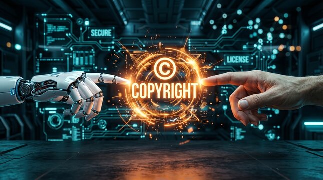 Robot hand and human finger interact with digital copyright interface showing legal protection and IP verification. AI technology secures intellectual property rights.