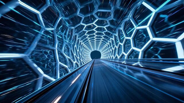 Futuristic blue hexagon tunnel with glowing walls and perspective