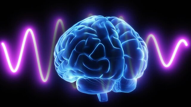 3D Computer Model Of Hologram Human Brain Rotating Against Glowing Purple Wave. Science And Medicine Concept Showing Brain Activity Or Neuronal Function On Black Background