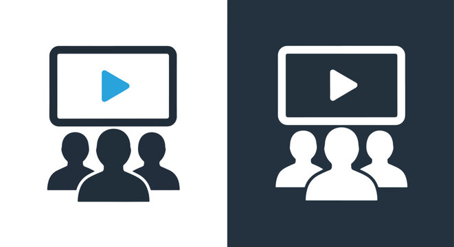 Group of people watching video screen icon - Line and glyph solid icon and logo template - Clipart, sticker - icon set